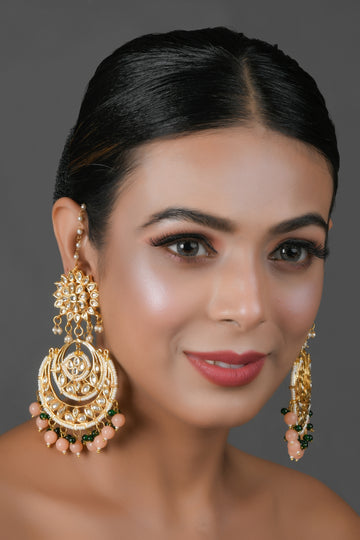 Peach beaded Kundan Chandbali